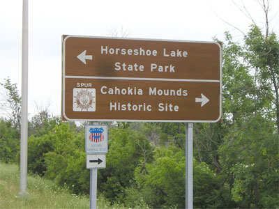 hwy sign to Cahokia Mounds Historic Site (and to Horseshoe Lake)