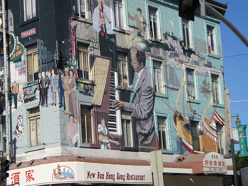 big jazz mural, Columbus at Stockton