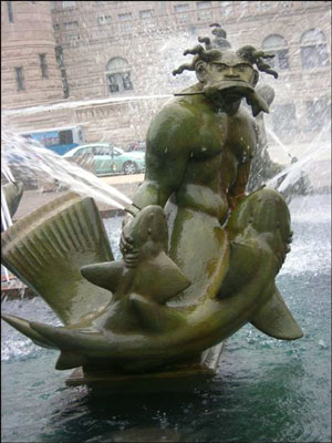 "fish-being", gargoyle-like: detail from Milles' Fountain