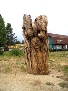Indian tree trunk sculpture, "Alpaca Pete's", Lake Tahoe