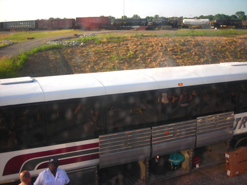 the bus picking up de-training passengers at the phantom Memphis terminal