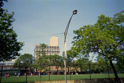 park on the near north side, soccer game in progress